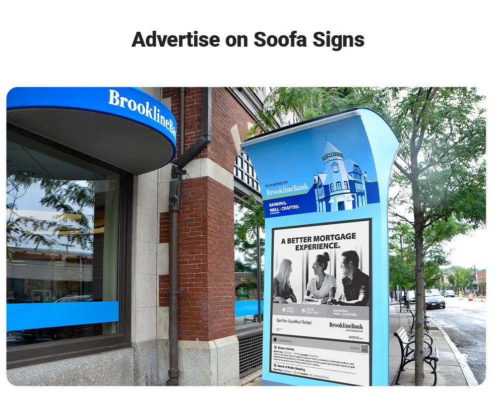 Soofa Sign with retail advertiser content in Brookline